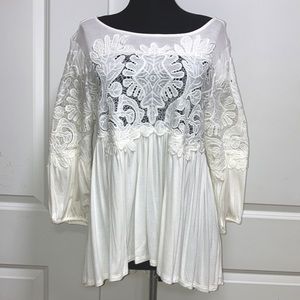 Deletta ANTHROPOLOGIE Lace Embroider White Babydoll Tunic Blouse Boho Knit Top S
